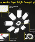 New version ultra bright 2 pack 250W LED garage lights with 25,000 lumens, 8 plus 1 deformable adjustable panels, ceiling view.