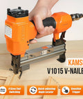 Person using Pneumatic Picture Frame V Nailer for 5/16 to 19/32 inch V nails on wooden frame, orange tool.