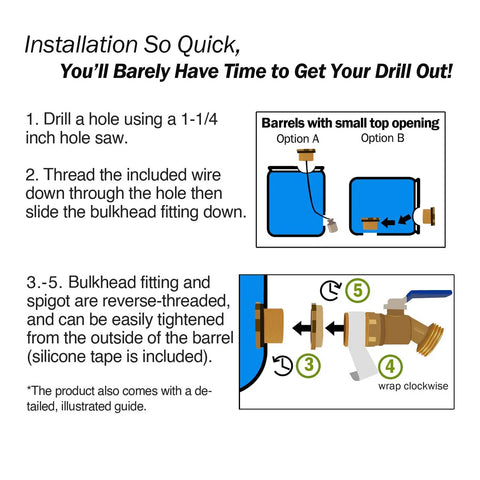 Brass Rain Barrel Spigot Kit With Lead Free Three Quarter Inch Quarter Turn Ball Valve, Bulkhead Fitting, Tape, No Brainer Install, And Easy Flow For 55 Gallon Drums And Any Rain Barrel. Illustrated install guide