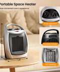 Portable Compact Ceramic Space Heater with Adjustable Thermostat and Overheat Protection, showing dimensions and features.