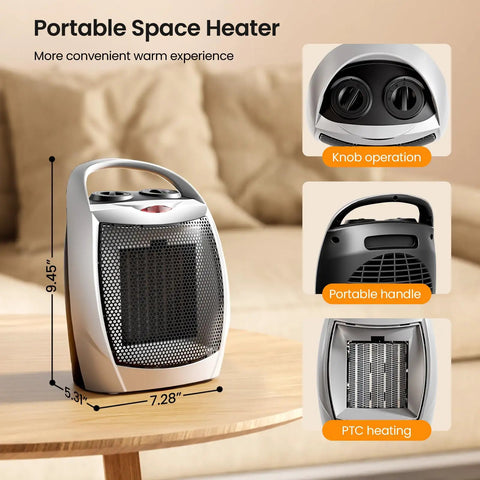 Portable Compact Ceramic Space Heater with Adjustable Thermostat and Overheat Protection, showing dimensions and features.