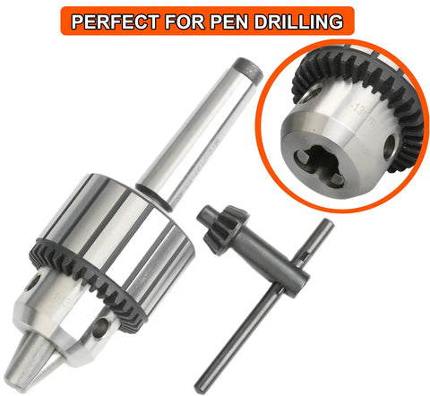 Heavy Duty 1/2 Inch Keyed Drill Chuck With Two Morse Taper Arbor, designed for pen drilling, featuring alloy steel construction.
