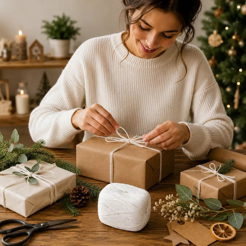 Person using Cotton Twine Roll Three Ply Natural White Go-To Gift Wrapping And Crafts All-Purpose String for gift wrapping
