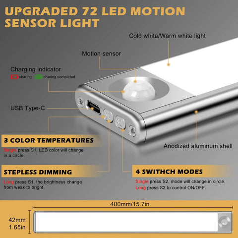 Close-up of 15.7 Inch Wireless Motion Sensor Under Cabinet Lights With 120 LED, featuring charging port and anodized aluminum shell.