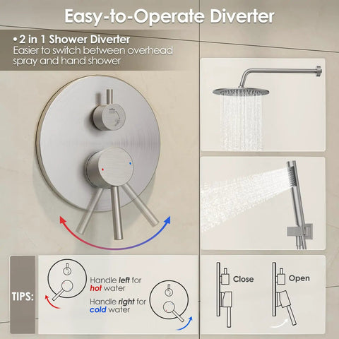 Premium Brushed Nickel Wall Mount Shower System With A Streamlined 10 Inch Rain Head And Banger High Pressure Handheld Spray For Epic Bathroom Glow Ups