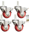 Heavy Duty Swivel Stem Castors With Red PU Wheels Double Locking Quiet Smooth Non Marking Floor Safe Load Capacity 800-1000 Lb
