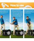 On The Go Golf Swing Trainer Bag For Quick Practice Sessions Power Smash Target Bag in black, man demonstrating swing techniques
