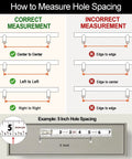 Diagram explaining correct and incorrect methods to measure hole spacing for Heavy Duty 5 Pack Solid Brass Cabinet Pulls With Brushed Gold Finish.