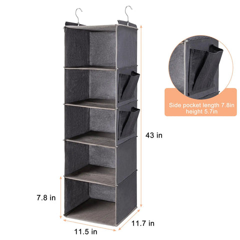 Five Tier Hanging Closet Organizer With Side Pockets, Super Solid Foldable Wardrobe Rack, Keeps Bedroom Clutter At Bay, Reinforced Steel Frame And Breathable Grey Fabric, Next Level Closet Upgrade For Small Spaces