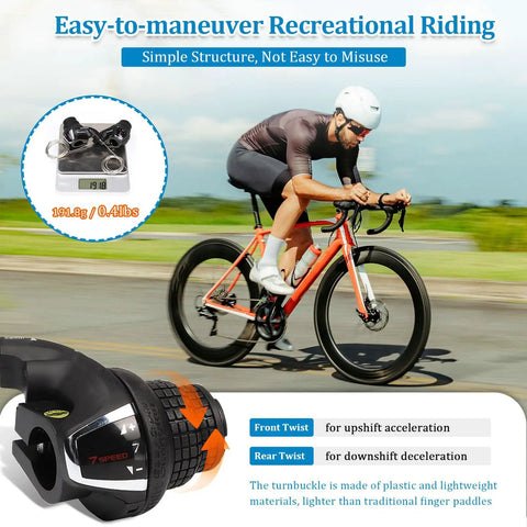 Right Hand Bicycle Shift Lever For 7 Speed Twist Grip Revoshift Mountain Bike Shifter, SL RS35, cyclist on orange bike