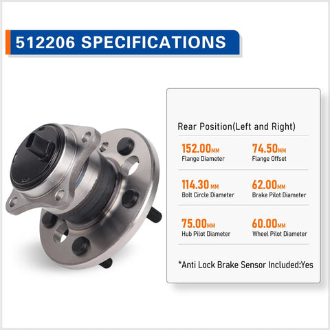 Set Of 2 Rear Wheel Hub Bearing Assemblies Fits Toyota Avalon 2005-2012, Camry 2002-2011, Lexus ES300 2002-2003, with ABS specifications