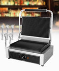 Heavy Duty Electric Sandwich Press Grill With Non Stick Coating Stainless Steel Griddle, includes 5 BBQ pliers for use.