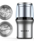 Electric Coffee And Spice Grinder With Dual Stainless Steel Blades And Removable Bowls Pulse Control And Clear Double Lid
