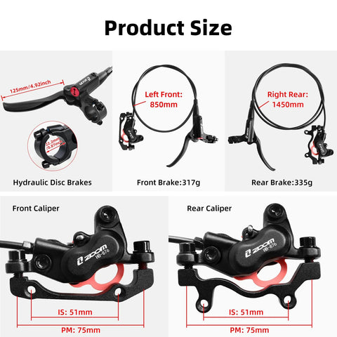 Z00M HB876 4-piston hydraulic disc brake set with front and rear calipers and 1450mm hose for MTB/eBike