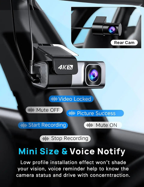 Front And Rear 4K Dash Cam With 64GB Card Built In 5G WiFi 4K Front And 1080P Rear Loop Recording Gravity Sensor close-up