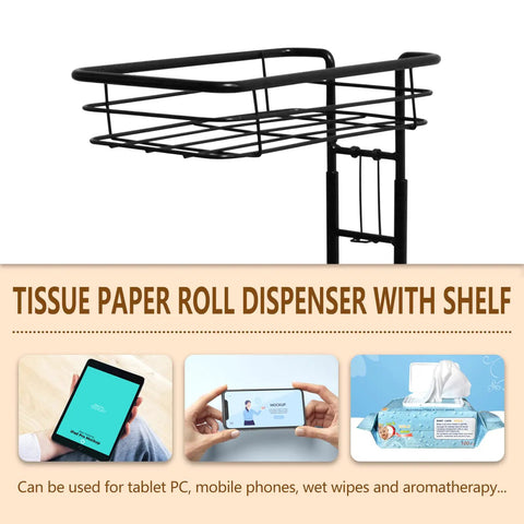 Freestanding Movable Toilet Paper Holder Stand With Raised Base And Top Shelf Holds Three Rolls Plus Phone Or Wipes Space Saver Tissue Dispenser For Bathroom Black Finish