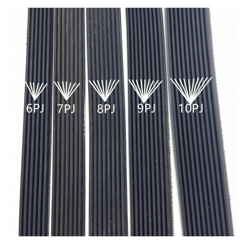 Built Tough Multi Wedge Drive Belt With High Modulus Rubber And Reinforced Cords For Industrial Machinery Featuring Low Stretch Construction lined up in varying sizes.