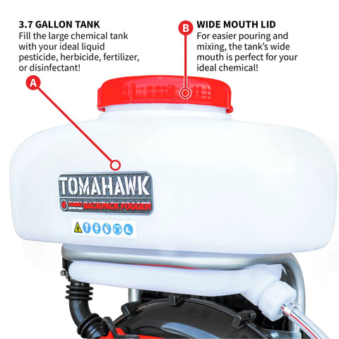 Close-up of 3.7 gallon tank and wide mouth lid for Backpack Mosquito Fogger And Garden Sprayer With Turbo Fogger, 3HP Power.