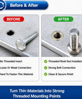 Before and after comparison of 420 Piece Imperial Rivet Nut Kit With Carbon Steel Threaded Inserts showing installation results
