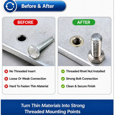 Before and after comparison of 420 Piece Imperial Rivet Nut Kit With Carbon Steel Threaded Inserts showing installation results