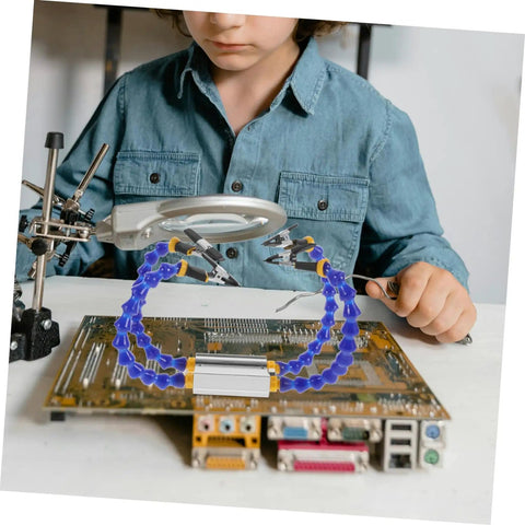 Child using Heavy-Duty Soldering Helping Hand Tool With Flexible Arms And Welding Station Holder For Expert Pcb Repair