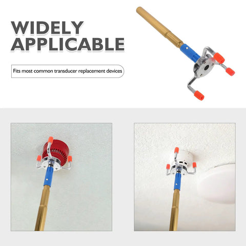 Heavy Duty Aluminum Alloy Smoke Sensor Disassembler Tool For Office Checks With Slick Transducer Wrench in use on ceiling fixtures.