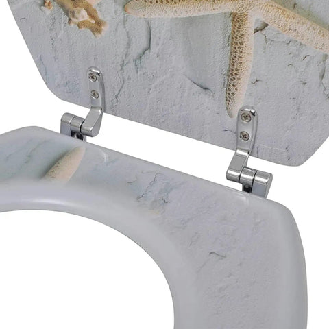 Cozy Flannel Toilet Seat Cover Featuring Stylish Sea Star Print Universal Stretch Bath Lid Wrap shown on oval toilet bowl.