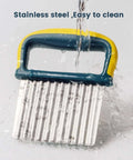 Front view of crinkle cutter knife with stainless steel ribbed blade and yellow-blue plastic handle.