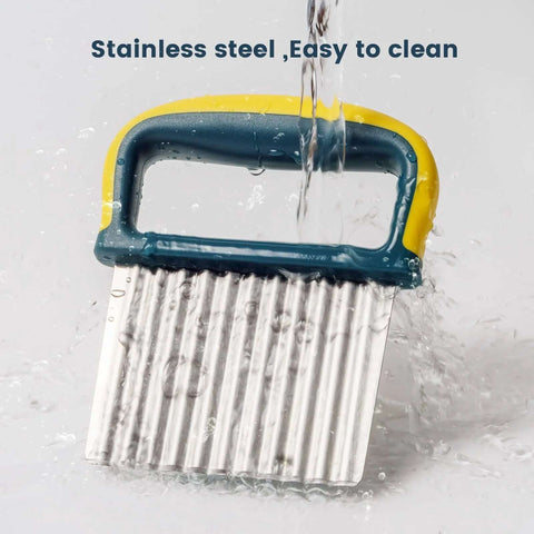 Front view of crinkle cutter knife with stainless steel ribbed blade and yellow-blue plastic handle.