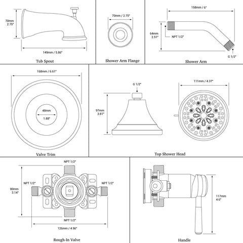 Technical diagram of Matte Black Tub and Shower Faucet Set With Pressure Balance Valve, 7 Function High Pressure Shower Head, Diverter.