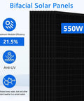 Bifacial solar panels with 550W capacity, 21.5% efficiency, designed for heavy duty use in off-grid solar systems.