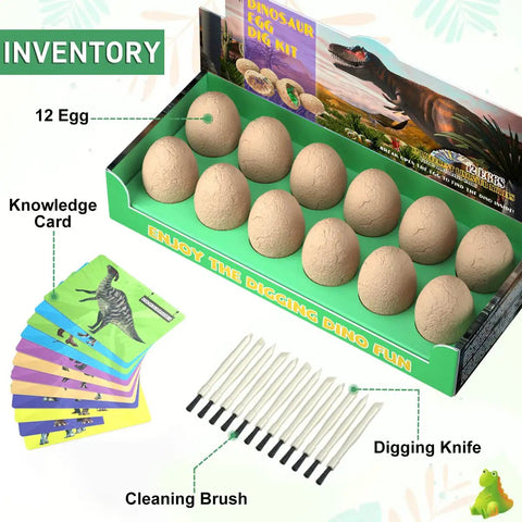 Easter Dinosaur Eggs Excavation Kit For Kids Break Open 12 Dinosaur Eggs To Reveal 12 Unique Dinosaurs Hands On Archaeology STEM Crafts Preschool Educational Toy Birthday Gift For Boys And Girls, includes 12 eggs, cards, tools.