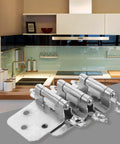 16 Piece Kitchen Cabinet Door Hinges Brushed Nickel Spring Loaded Self Closing Soft Close Dampers displayed in modern kitchen.
