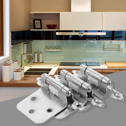 16 Piece Kitchen Cabinet Door Hinges Brushed Nickel Spring Loaded Self Closing Soft Close Dampers displayed in modern kitchen.