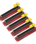 Five Pack 10K Slide Potentiometer Modules For Arduino And Microcontroller Projects With Dual Analog Output 0 To Vcc 3.3V To 5V Operation Compact 90 By 20 Mm showing six modules with yellow knobs and red circuit boards.