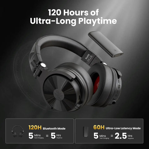 Ultra Low Latency Wireless DJ Headphones with 20ms lag, 120h battery, Hi Res LDAC, dual mic ENC, Bluetooth, wired modes shown.