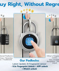 Comparison of biometric fingerprint padlocks with Bluetooth app control and 0.2 second unlock shown with traditional padlock.