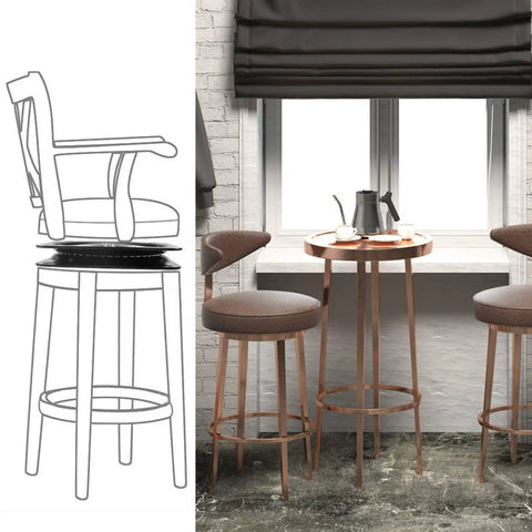 Heavy Duty 7 Inch Bar Stool Swivel Replacement Plate With Ball Bearing Mechanism sketch next to a modern dining area