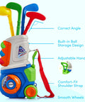 Chill And Swing With This 23 Piece Kids Golf Club Set Featuring Durable Abs Plastic Clubs And Safe Small Balls Smooth Rounded Edges For Easy Indoor Outdoor Play Knockout Birthday Gift For Boys And Girls, featuring colorful clubs in a rolling cart.