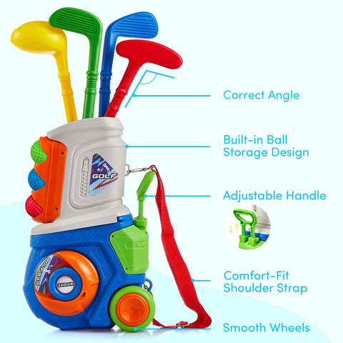 Chill And Swing With This 23 Piece Kids Golf Club Set Featuring Durable Abs Plastic Clubs And Safe Small Balls Smooth Rounded Edges For Easy Indoor Outdoor Play Knockout Birthday Gift For Boys And Girls, featuring colorful clubs in a rolling cart.