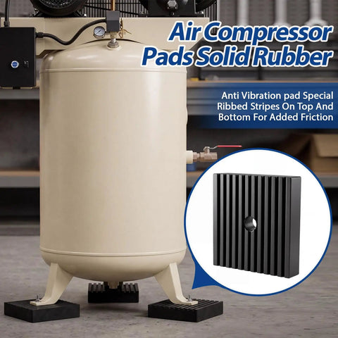Straight Up Heavy Duty Rubber Shock Isolation Pads Eight Pack Four By Four By One Inch Vibration Dampening Blocks For Air Compressors Generators And HVAC Systems Cuts Down Rumble Big Time on air compressor legs.