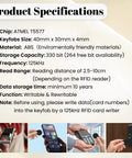 Product specifications for 10 Pack 125kHz Blank RFID Key Fobs with images of usage scenarios