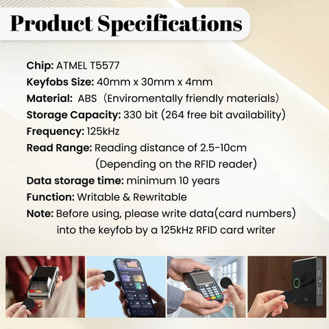 Product specifications for 10 Pack 125kHz Blank RFID Key Fobs with images of usage scenarios