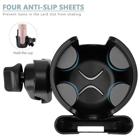 Top view of the Universal Stroller Cup Holder With Phone Holder, Adjustable Drink Holder, black, anti-slip interior, easy install