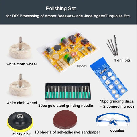 Polishing set with cloth wheels, drill bits, grinding discs, needles, adhesive sheets, goggles for 3 In 1 Jewelry Polishing Buffer Machine