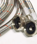 Close-up of 2-Pack Premium Stainless Steel Washing Machine Hoses, 6 Ft No-Lead Burst-Proof Red And Blue Lined Water Inlet Supply Lines