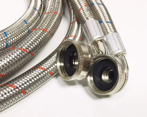 Close-up of Two Pack Premium Stainless Steel Washing Machine Hoses With No Lead Burst Proof Design Eight Foot Length