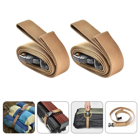 Heavy Duty Luggage Straps Set 2 Pack With Quick Release Buckles, adjustable khaki belts in use on various luggage and gear