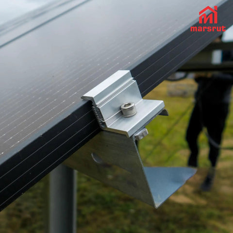 10 Pack Heavy Duty Solar Panel End Clamp Brackets mounted on solar panel, adjustable aluminum rail hardware for RV and PV install.
