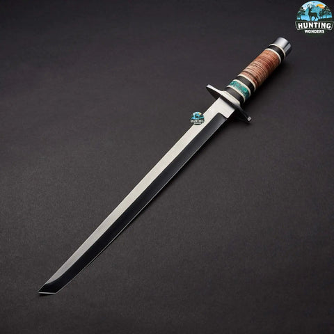 Hand Forged Short Sword With Sharp Tanto Blade, Custom Handmade Katana Steel Blade In D2 Steel, displayed on black background